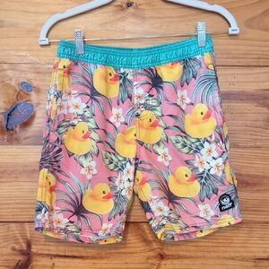Kids Neff Rubber Duck Print Swim Shorts - Coral & Yellow Medium